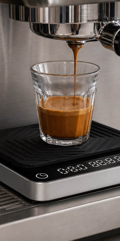 Espresso yield measured in a clear glass on a compact coffee scale and silicone pad