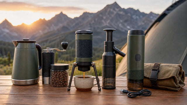 Portable espresso makers with a hand grinder, travel kettle and coffee cup at a mountain campsite
