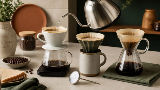 Three pour-over coffee makers with a gooseneck kettle and thermometer on a home coffee bar
