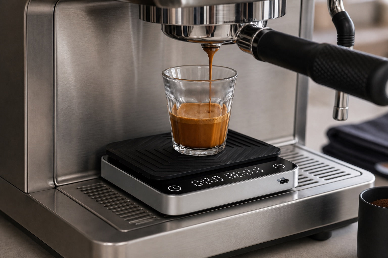 Espresso yield measured in a clear glass on a compact coffee scale and silicone pad