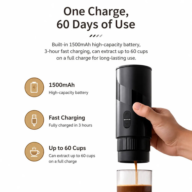 手提式埃斯普雷索製造器 51mm 2- in-1 地面 & Capsule Black: 便攜式 USB-C 可充電電池
