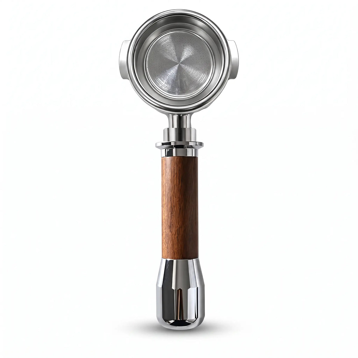 E61 Portafilter 58mm Wood Handle 無底和Spouted: 處理無底的 spout 英雄產品拍攝