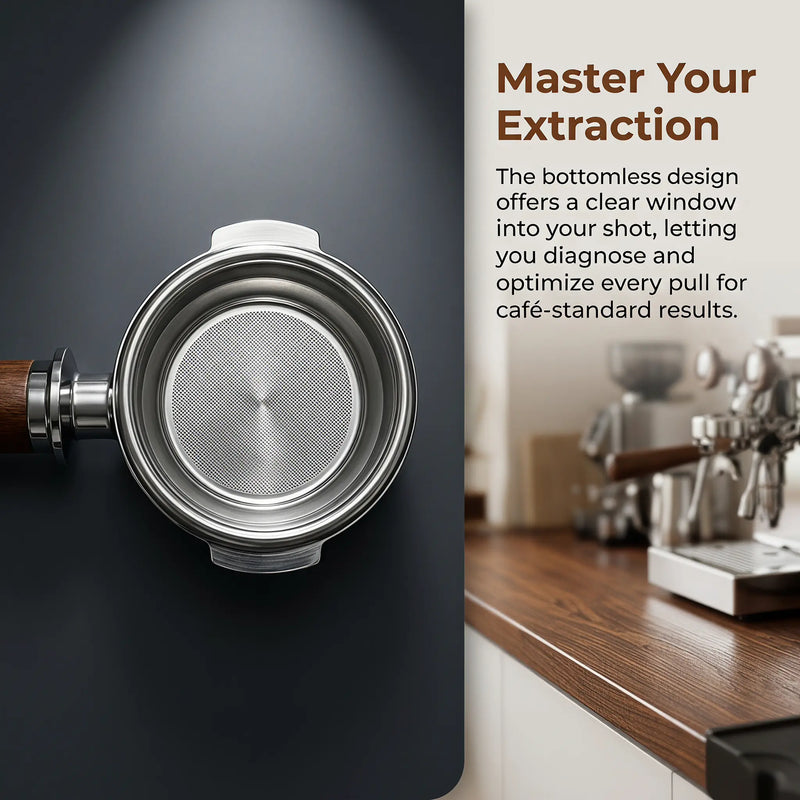 E61 Portafilter 58mm Wood Handle 底部和Spouted: 特寫金鑰元件完成