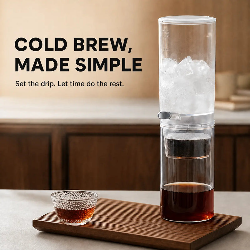 Manual cold brew coffee maker brewing on a kitchen counter
