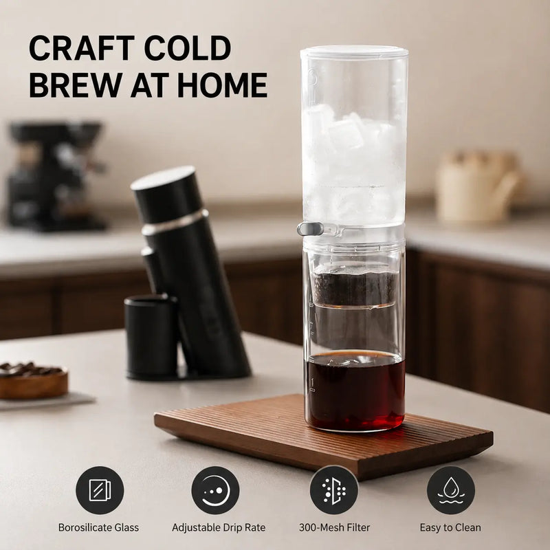 Ice drip coffee maker with borosilicate glass, adjustable drip rate and 300-mesh filter