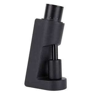 Front view of Yozcoffee M20L electric coffee grinder with black grounds cup