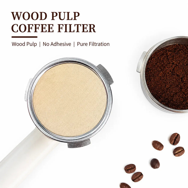 Moka Pot咖啡濾波器文件 53-58mm Wood Pulp 100-Pack:英雄產品拍攝