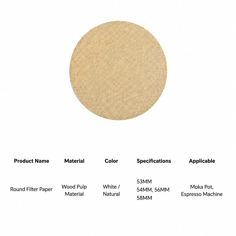 Moka Pot咖啡濾波器文件 53-58mm Wood Pulp 100-Pack: Spec卡