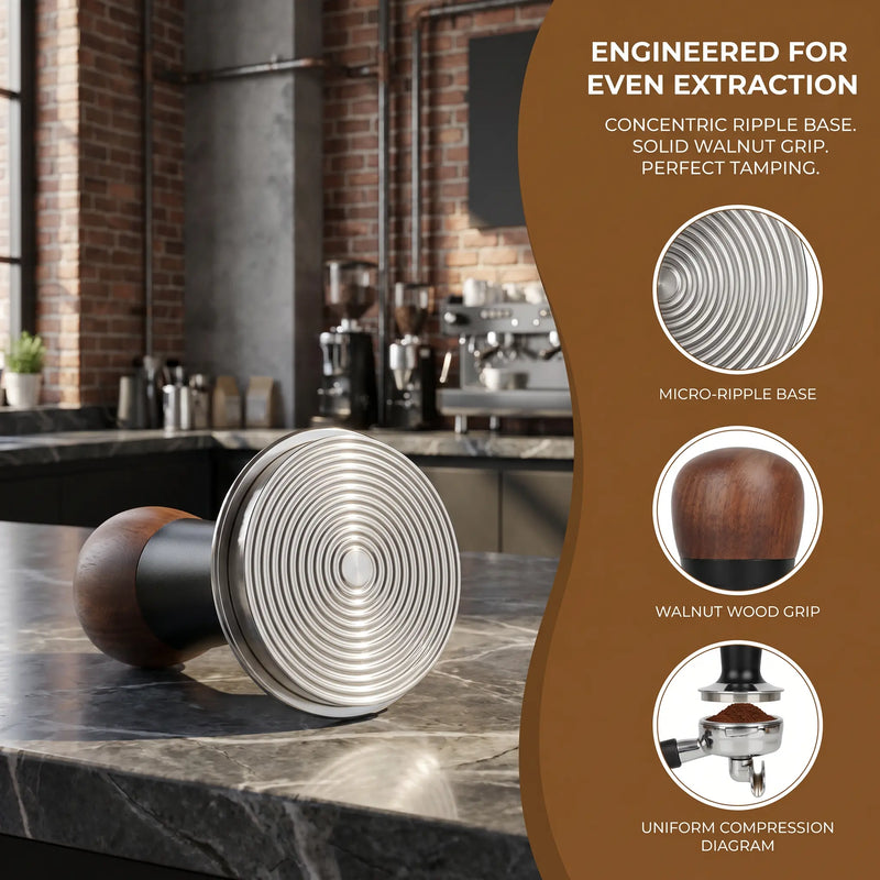 Espresso Tamper 51/53/58mm 胡桃木常量: 特寫關鍵元件完成